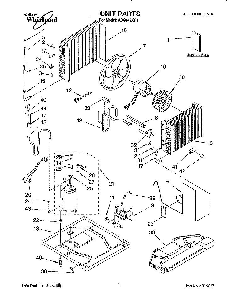 UNIT, LITERATURE Diagram and Parts List for ACQ142XD1  Whirlpool Air Conditioner