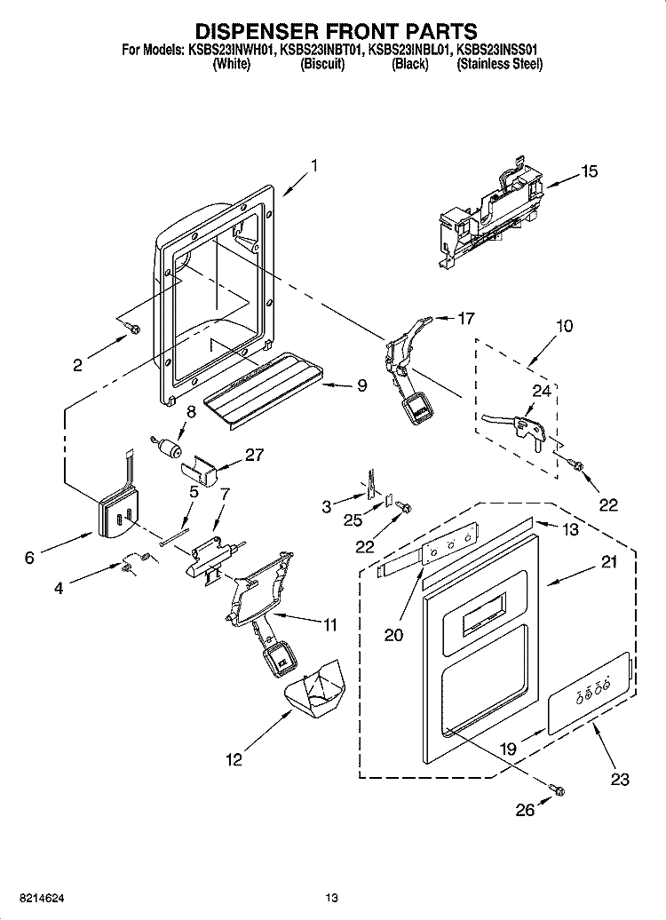 DISPENSER FRONT PARTS Diagram and Parts List for KSBS23INSS01  KitchenAid Refrigerator
