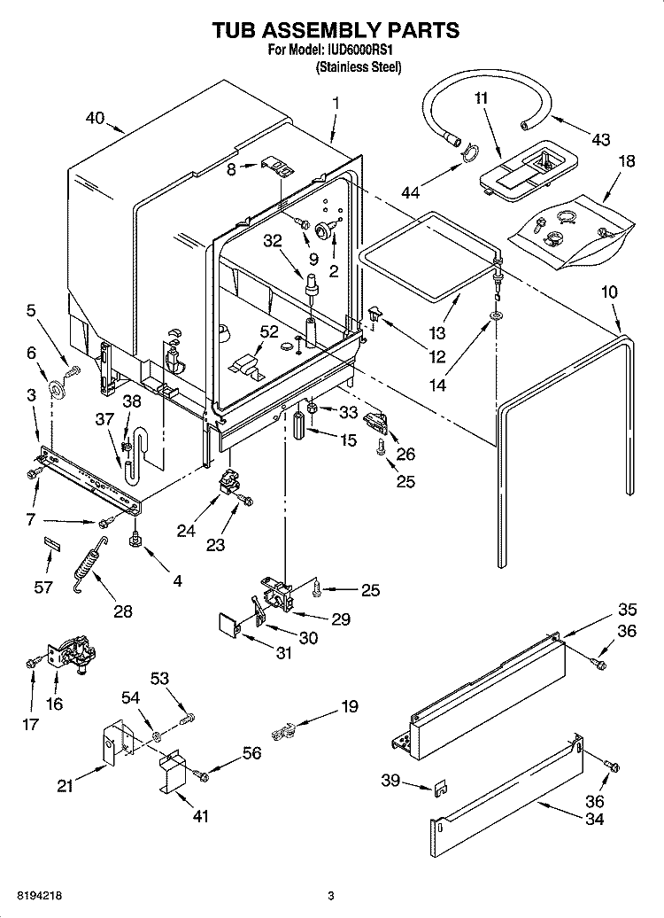 TUB ASSEMBLY PARTS Diagram and Parts List for IUD6000RS1  Whirlpool Dishwasher