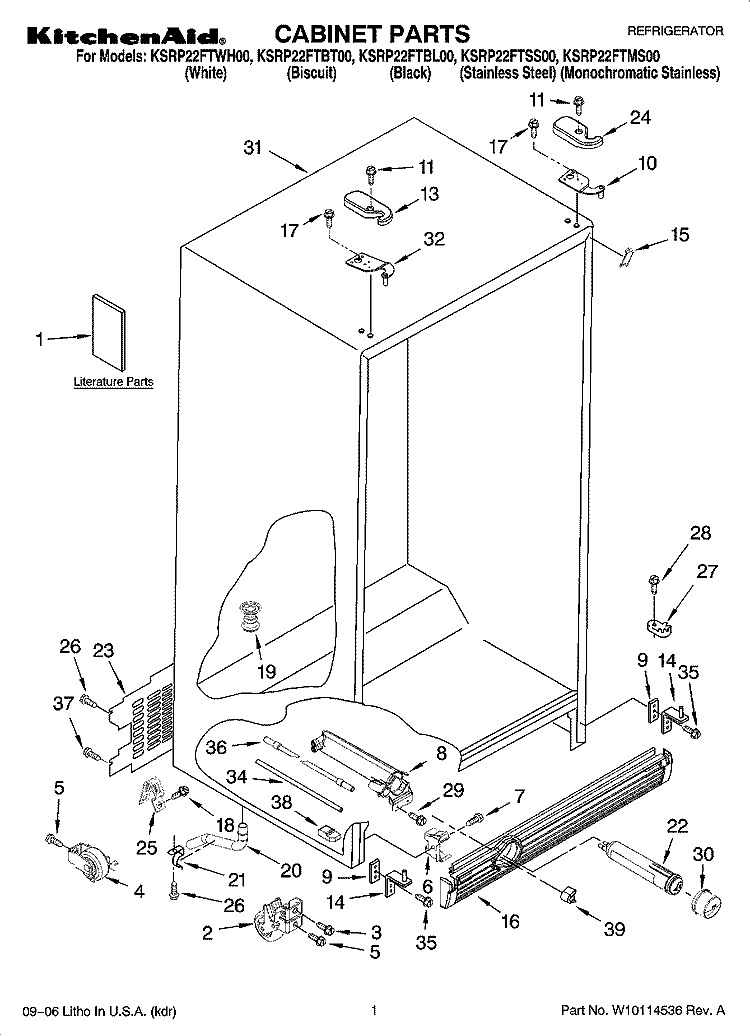 CABINET PARTS Diagram and Parts List for KSRP22FTMS00  KitchenAid Refrigerator