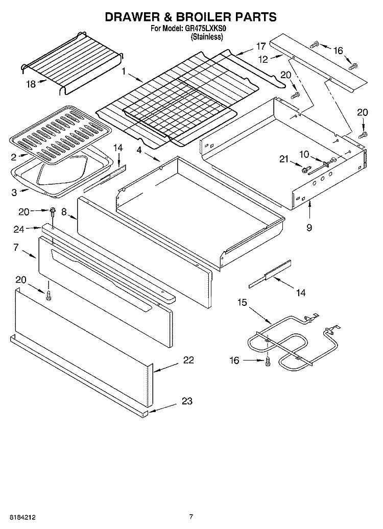 DRAWER AND BROILER, OPTIONAL Diagram and Parts List for GR475LXKS0  Whirlpool Range