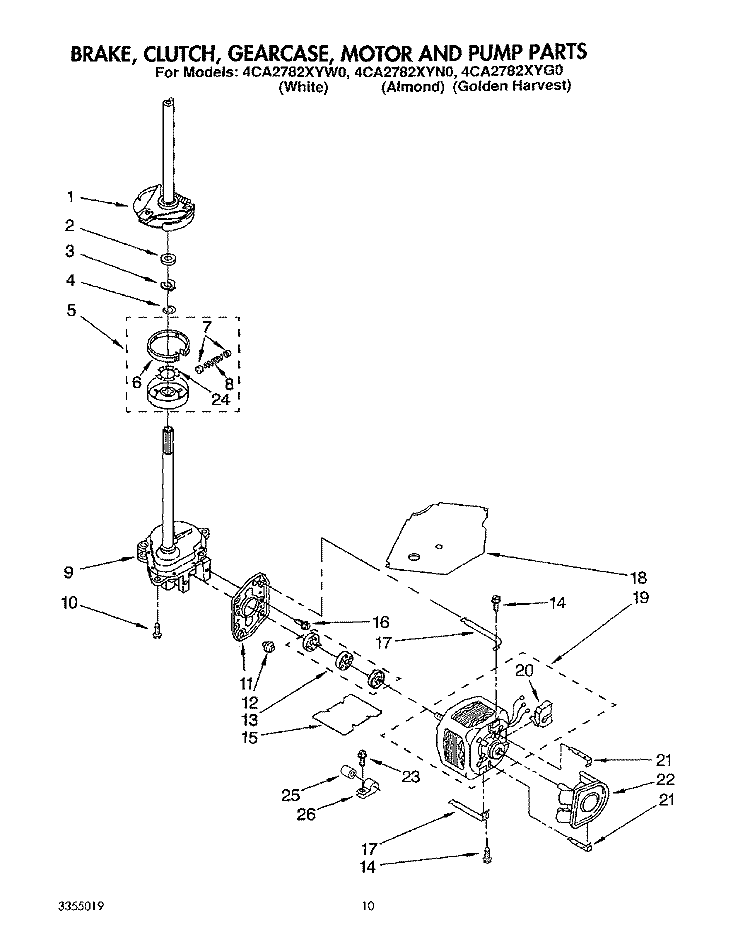 BRAKE, CLUTCH, GEARCASE, MOTOR AND PUMP Diagram and Parts List for 4CA2782XYG0  Whirlpool Washer