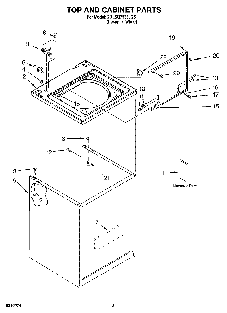 TOP AND CABINET PARTS Diagram and Parts List for 2DLSQ7533JQ5  Whirlpool Washer