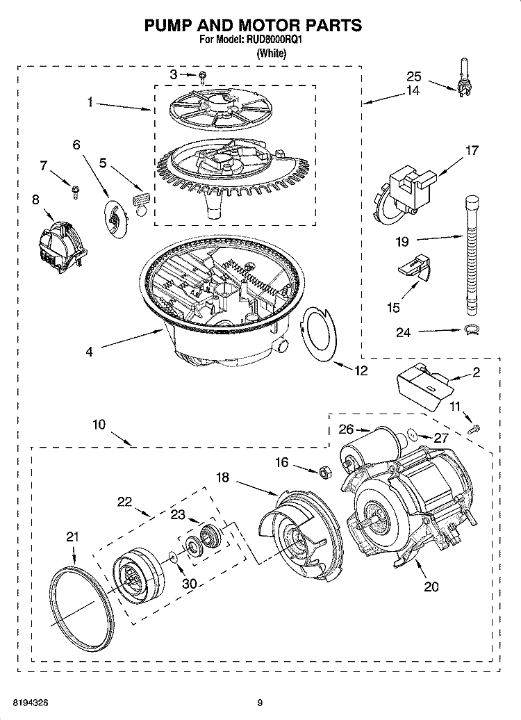 PUMP AND MOTOR PARTS Diagram and Parts List for RUD8000RQ1  Roper Dishwasher