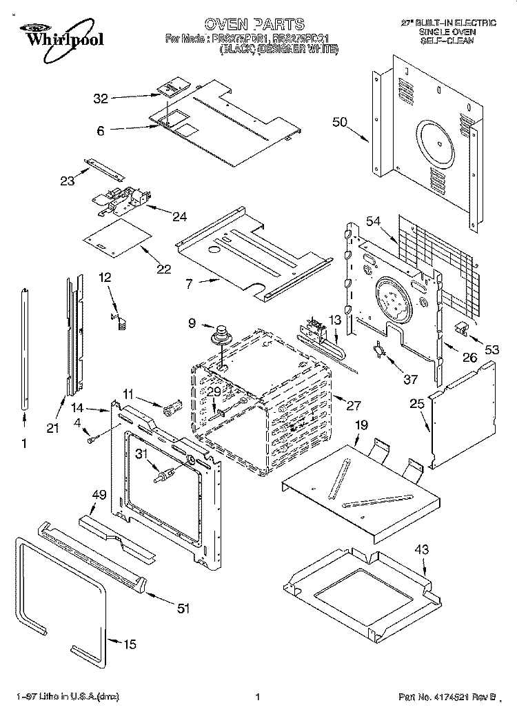 OVEN Diagram and Parts List for RBS275PDQ1  Whirlpool Wall Oven