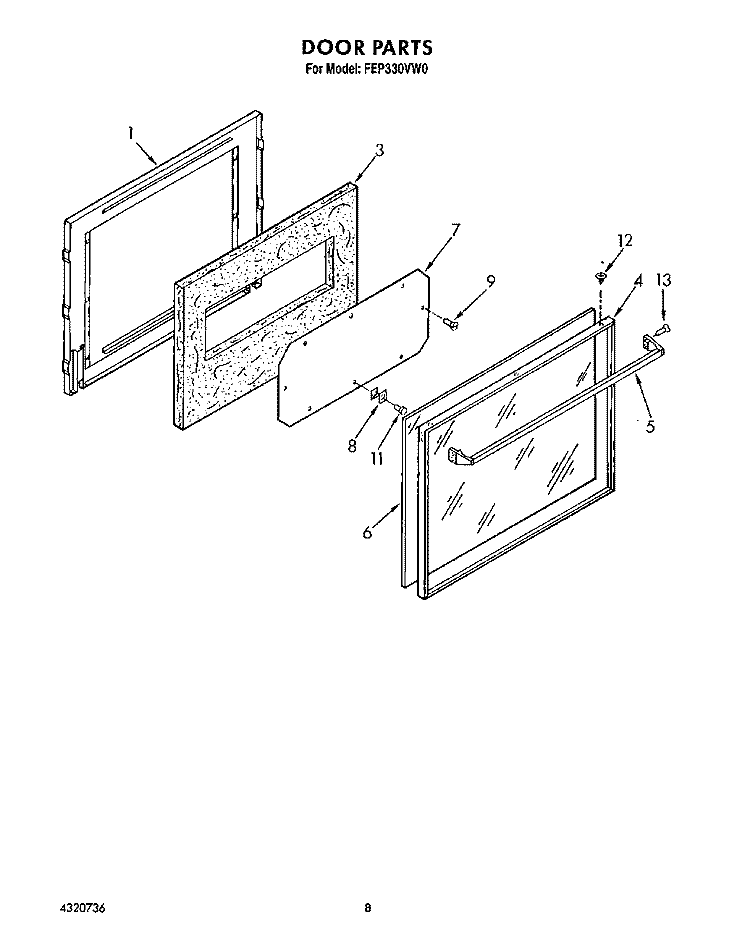 DOOR Diagram and Parts List for FEP330VW0  Roper Range