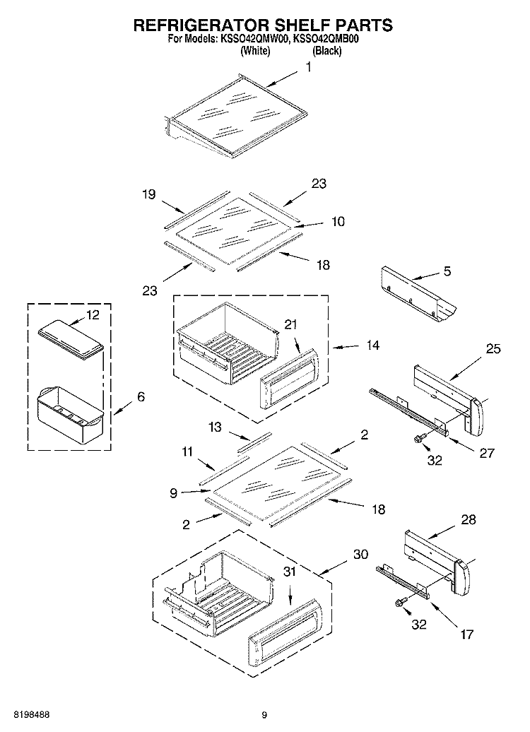 REFRIGERATOR SHELF PARTS Diagram and Parts List for KSSO42QMW00  KitchenAid Refrigerator