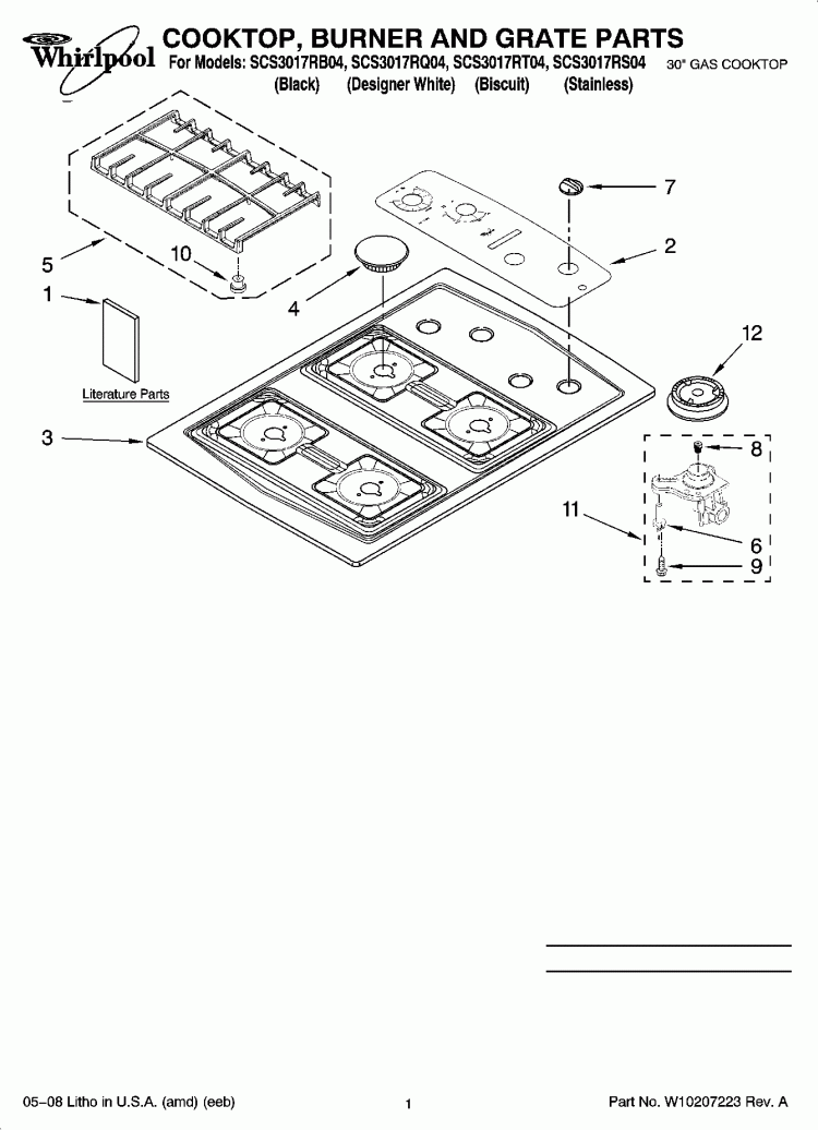COOKTOP, BURNER AND GRATE PARTS Diagram and Parts List for SCS3017RS04  Whirlpool Cooktop