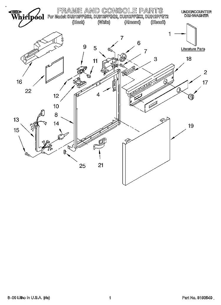 FRAME & CONSOLE Diagram and Parts List for DU912PFGT2  Whirlpool Dishwasher