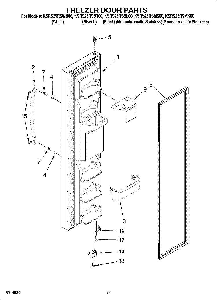 FREEZER DOOR PARTS Diagram and Parts List for KSRS25RSBL00  KitchenAid Refrigerator
