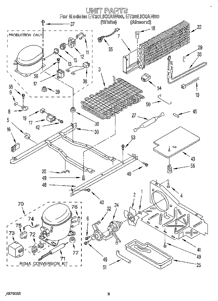 UNIT Diagram and Parts List for ET20LKXAW00  Whirlpool Refrigerator