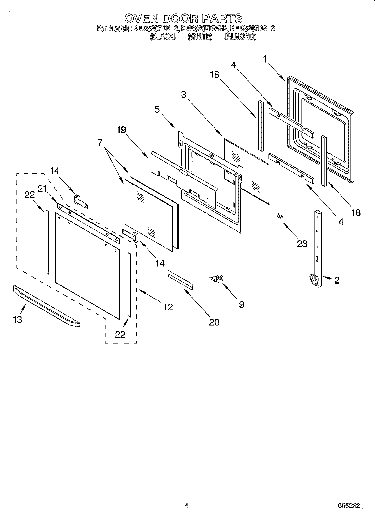 OVEN DOOR Diagram and Parts List for KEBS207DBL2  KitchenAid Wall Oven