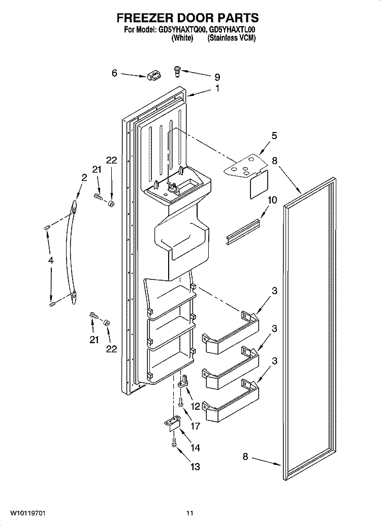 FREEZER DOOR PARTS Diagram and Parts List for GD5YHAXTL00  Whirlpool Refrigerator