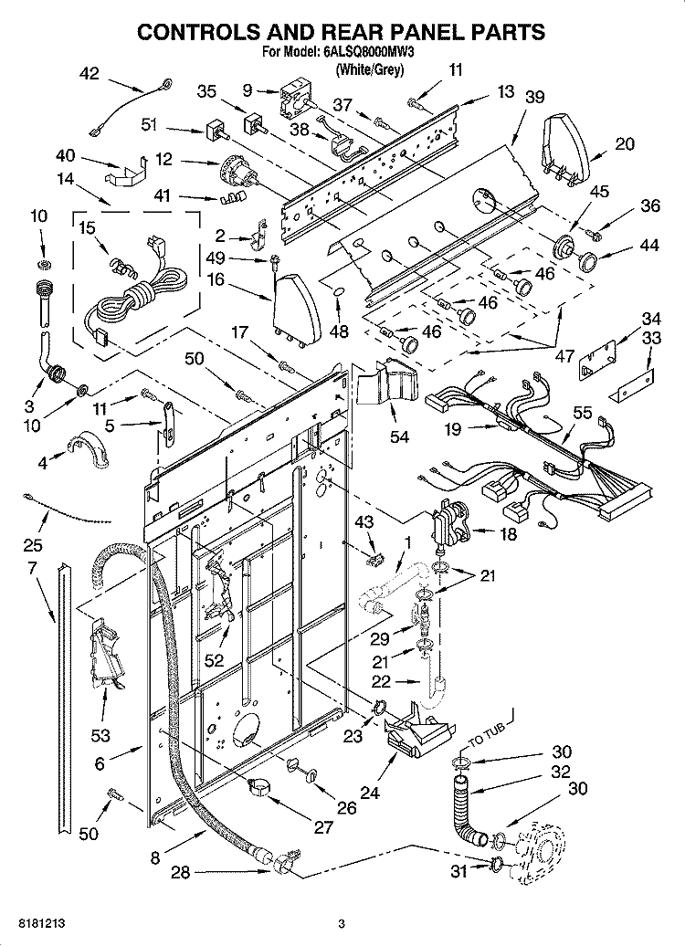CONTROLS AND REAR PANEL PARTS Diagram and Parts List for 6ALSQ8000MW3  Whirlpool Washer