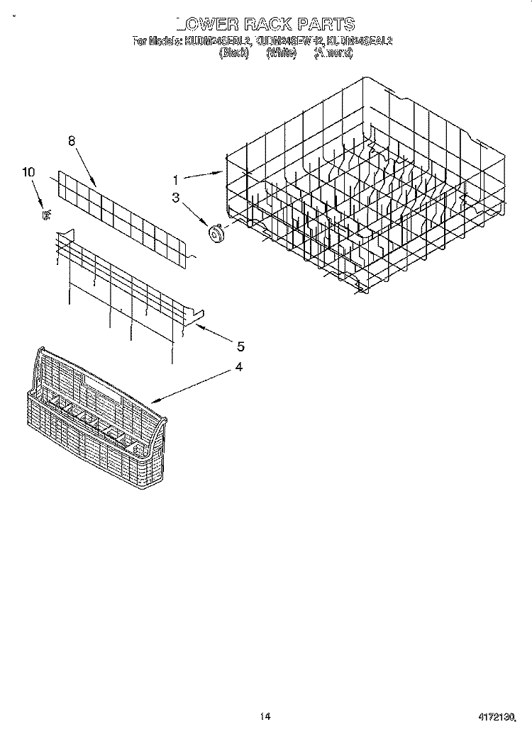 LOWER RACK Diagram and Parts List for KUDM24SEWH2  KitchenAid Dishwasher