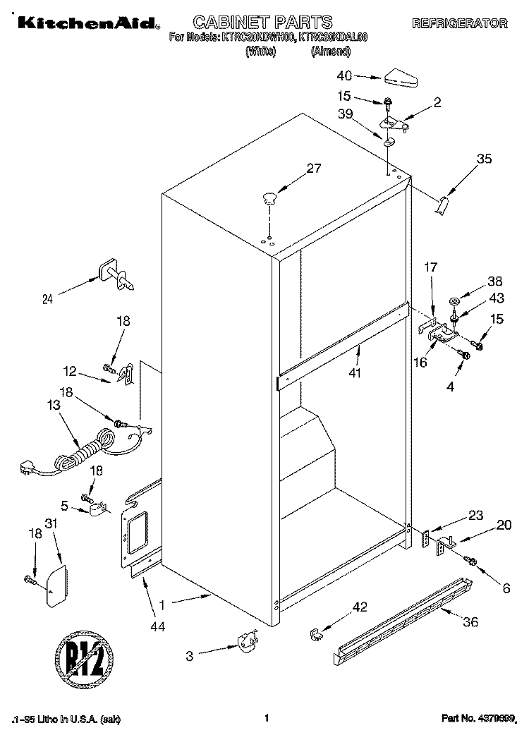 CABINET Diagram and Parts List for KTRC20KDAL00  Whirlpool Refrigerator