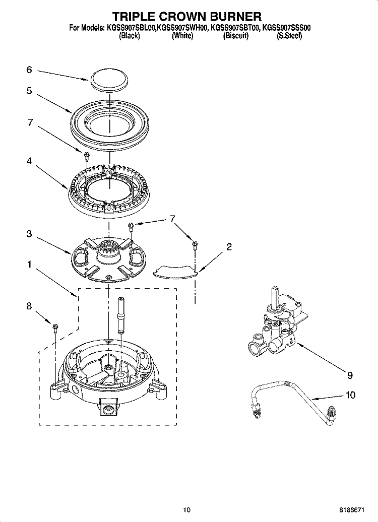 TRIPLE CROWN BURNER Diagram and Parts List for KGSS907SBT00  KitchenAid Range