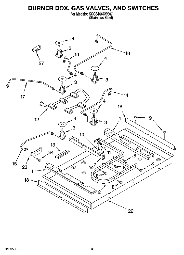 BURNER BOX, GAS VALVES, AND SWITCHES, OPTIONAL PARTS Diagram and Parts List for KGCS166GSS07  KitchenAid Cooktop