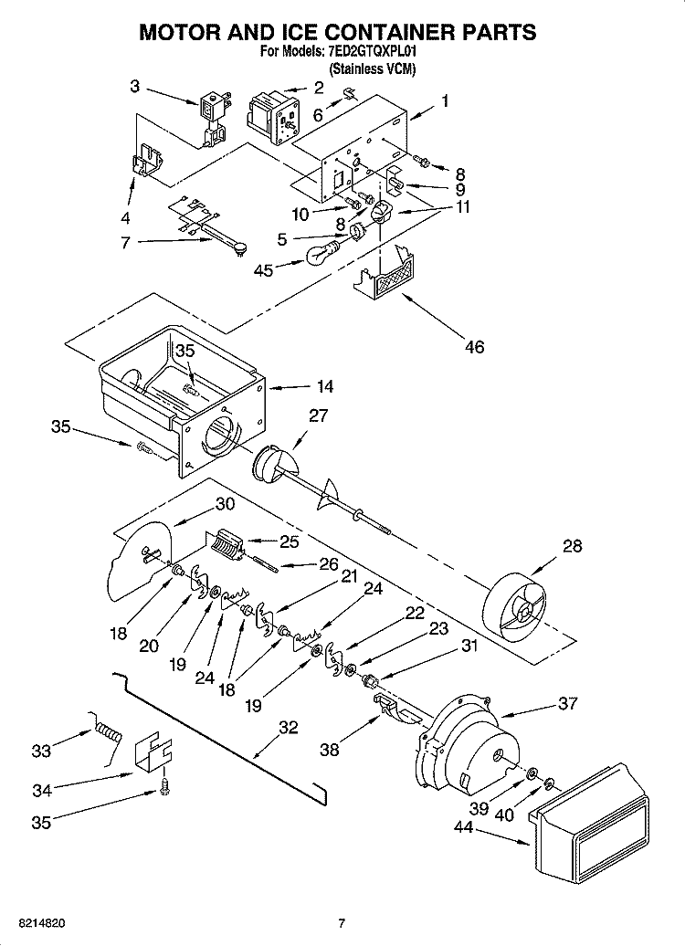 MOTOR AND ICE CONTAINER PARTS Diagram and Parts List for 7ED2GTQXPL01  Whirlpool Refrigerator