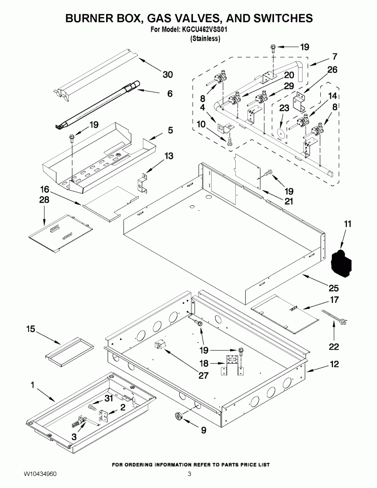 BURNER BOX, GAS VALVES, AND SWITCHES Diagram and Parts List for KGCU462VSS01  KitchenAid Cooktop