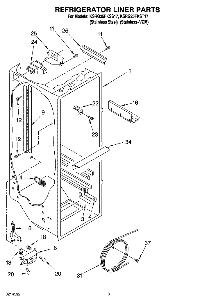 REFRIGERATOR LINER PARTS Diagram and Parts List for KSRG25FKSS17  KitchenAid Refrigerator