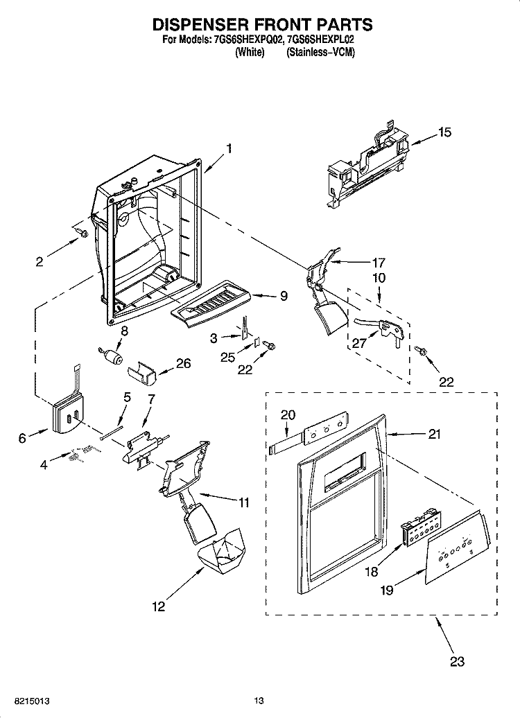 DISPENSER FRONT PARTS Diagram and Parts List for 7GS6SHEXPQ02  Whirlpool Refrigerator