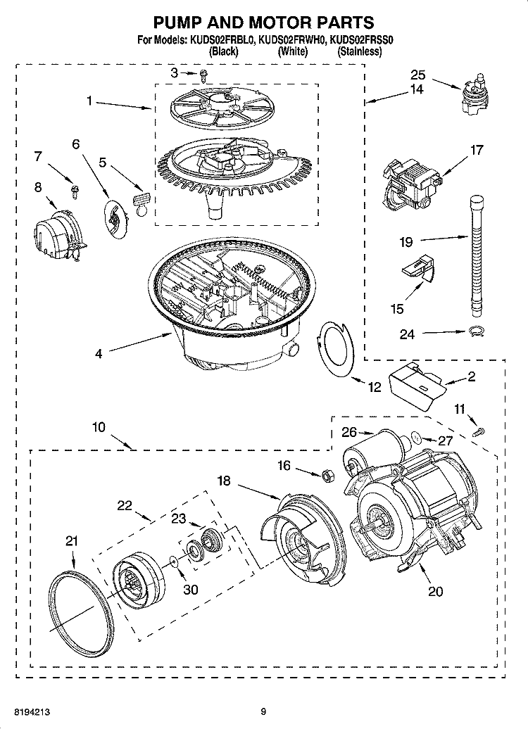 PUMP AND MOTOR PARTS Diagram and Parts List for KUDS02FRWH0  KitchenAid Dishwasher