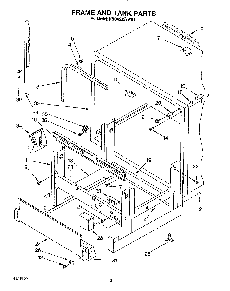 FRAME AND TANK Diagram and Parts List for KUDA23SYWH1  KitchenAid Dishwasher