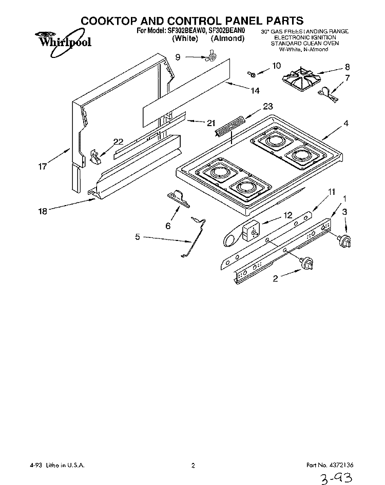 COOKTOP AND CONTROL PANEL, LIT/OPTIONAL Diagram and Parts List for SF302BEAN0  Whirlpool Range
