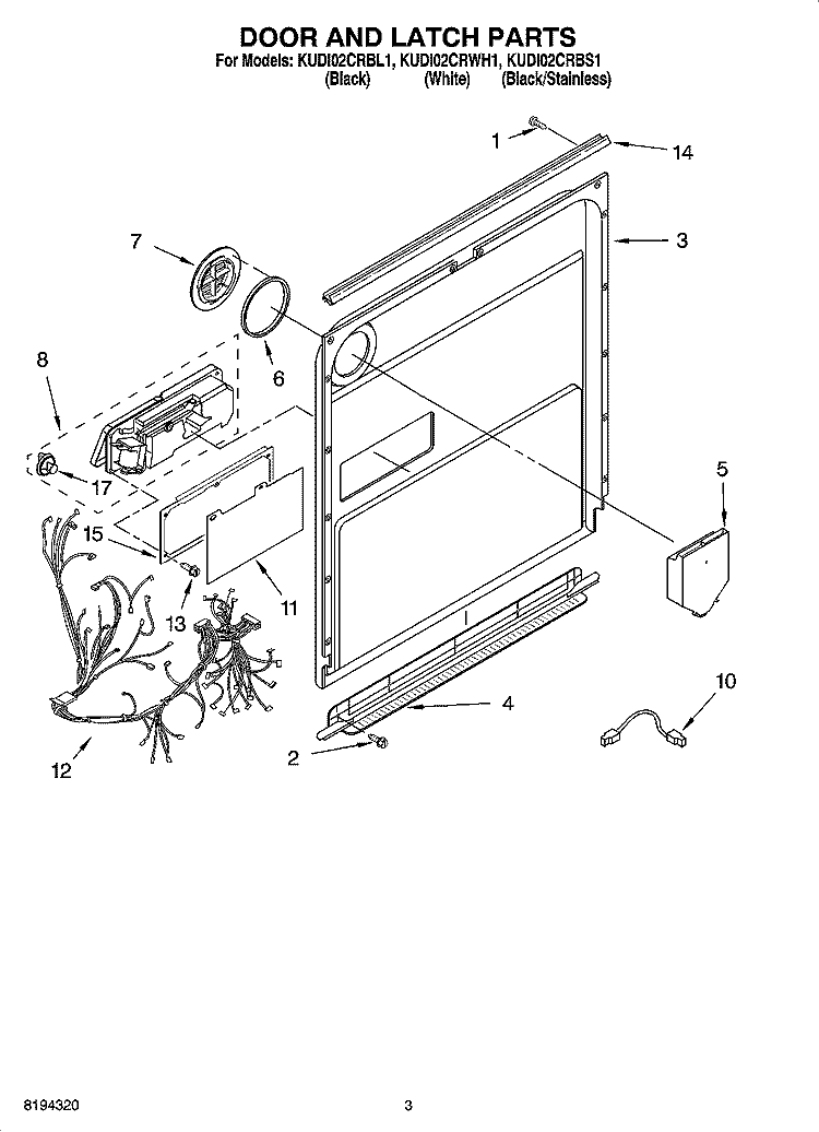 DOOR AND LATCH PARTS Diagram and Parts List for KUDI02CRBL1  KitchenAid Dishwasher