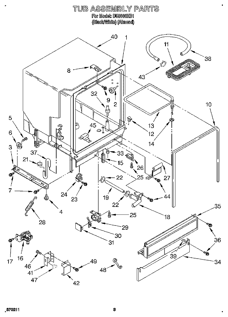 TUB ASSEMBLY Diagram and Parts List for DU8000XB1  Whirlpool Dishwasher