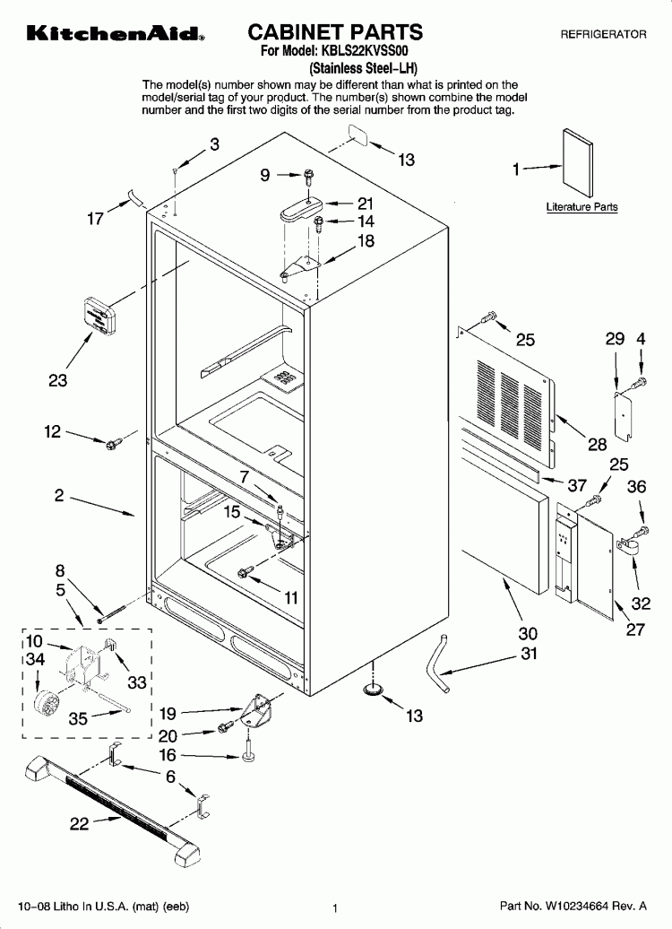 CABINET PARTS Diagram and Parts List for KBLS22KVSS00  KitchenAid Refrigerator