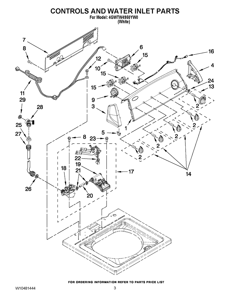 CONTROLS AND WATER INLET PARTS Diagram and Parts List for 4GWTW4950YW0  Whirlpool Washer
