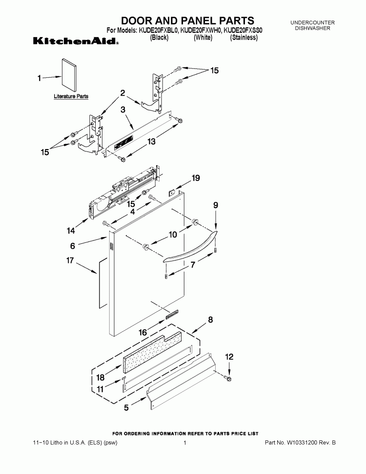 DOOR AND PANEL PARTS Diagram and Parts List for KUDE20FXSS0  KitchenAid Dishwasher