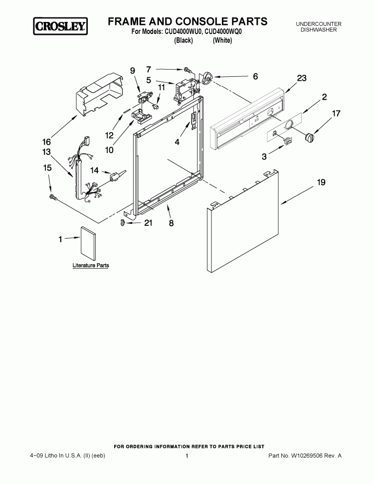 FRAME AND CONSOLE PARTS Diagram and Parts List for CUD4000WQ0  Crosley Dishwasher