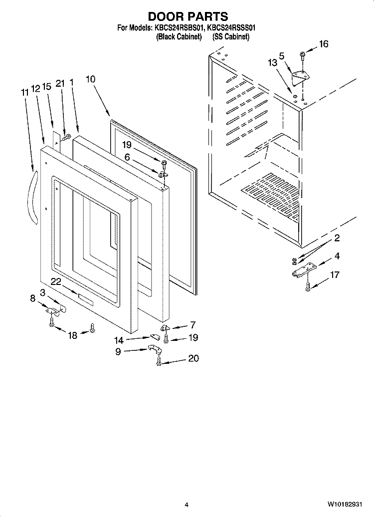 DOOR PARTS Diagram and Parts List for KBCS24RSBS01  KitchenAid Wine and Beverage Cooler