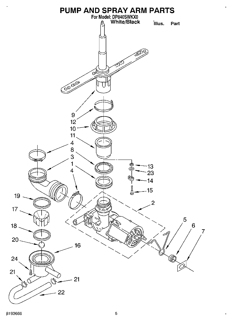 PUMP AND SPRAYARM Diagram and Parts List for DP840SWKX0  Whirlpool Dishwasher