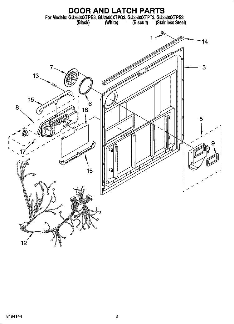 DOOR AND LATCH PARTS Diagram and Parts List for GU2500XTPB3  Whirlpool Dishwasher