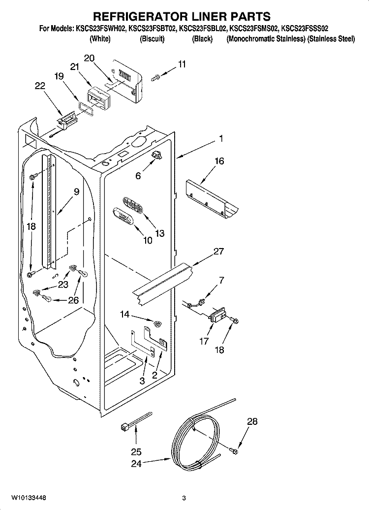 REFRIGERATOR LINER PARTS Diagram and Parts List for KSCS23FSBL02  KitchenAid Refrigerator