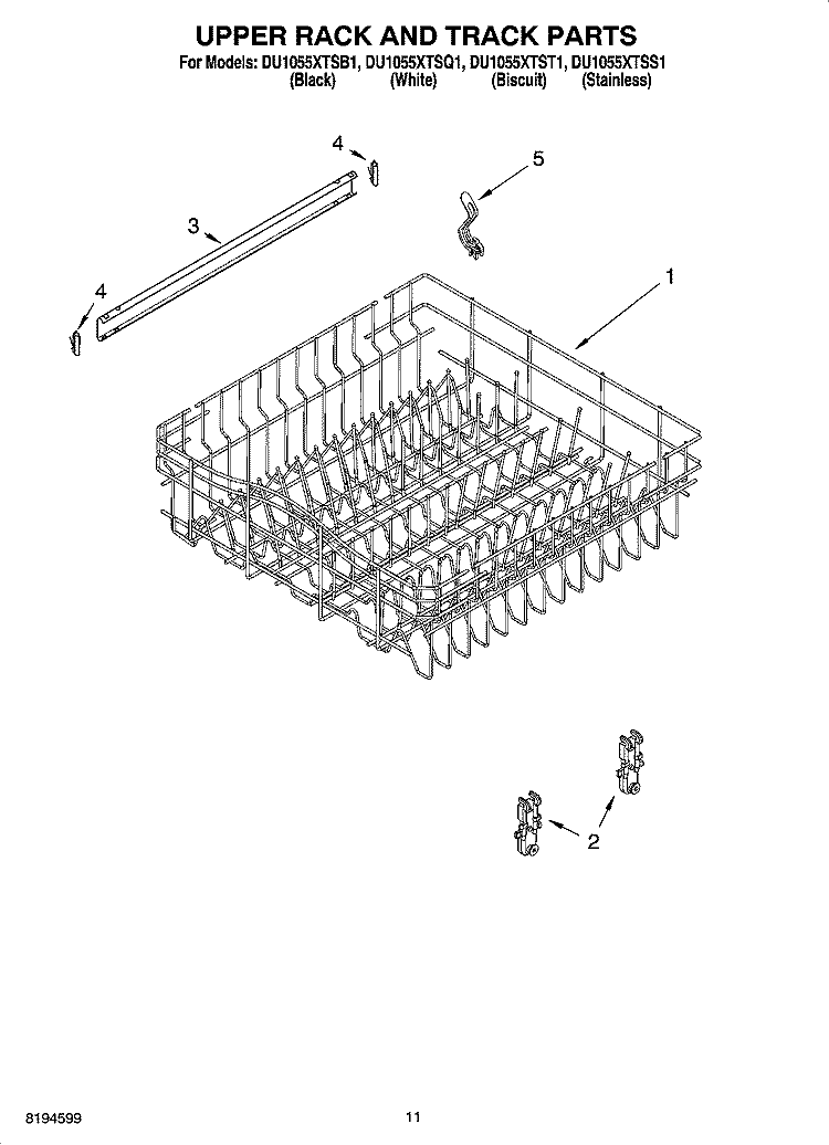 UPPER RACK AND TRACK PARTS Diagram and Parts List for DU1055XTSB1  Whirlpool Dishwasher