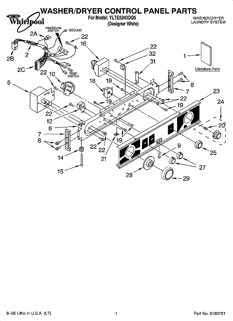 WASHER/DRYER CONTROL PANEL PARTS Diagram and Parts List for YLTE5243DQ5  Whirlpool Washer Dryer Combo