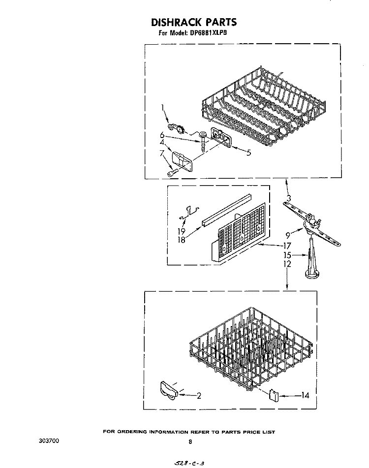 DISHRACK Diagram and Parts List for DP6881XLP0  Whirlpool Dishwasher