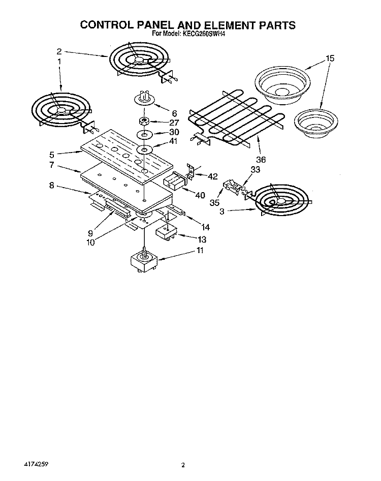 CONTROL PANEL AND ELEMENT, LITERATURE Diagram and Parts List for KECG260SOB4  KitchenAid Cooktop