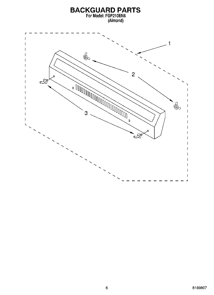 BACKGUARD Diagram and Parts List for FGP210EN6  Roper Range
