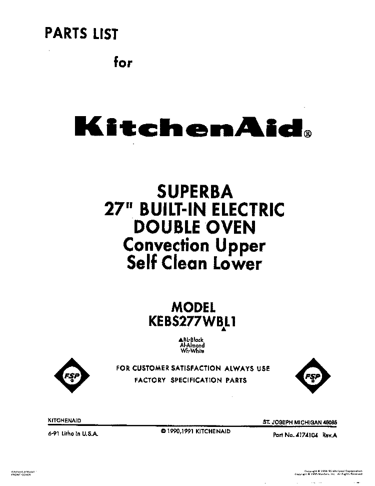 COVER Diagram and Parts List for KEBS277WAL1  KitchenAid Wall Oven