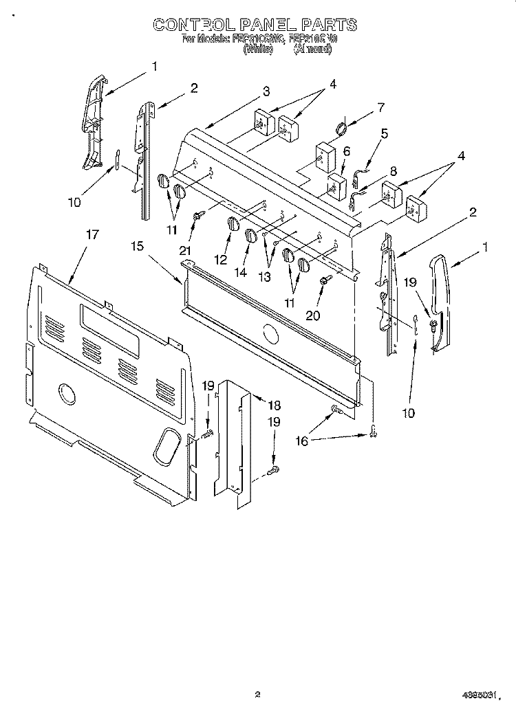 CONTROL PANEL Diagram and Parts List for FEP310GW0  Roper Range