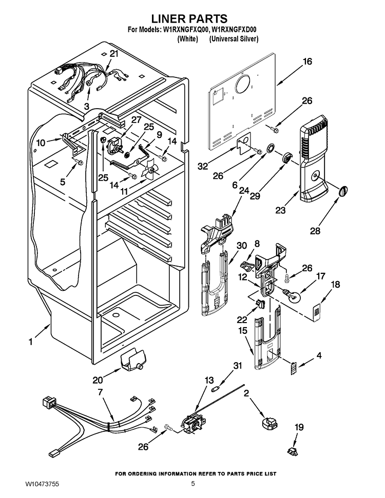 LINER PARTS Diagram and Parts List for W1RXNGFXQ00  Whirlpool Refrigerator