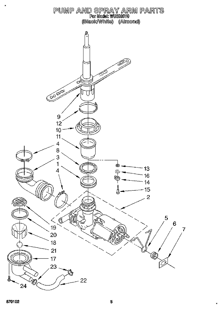 PUMP AND SPRAY ARM Diagram and Parts List for WU3000Y0  Roper Dishwasher