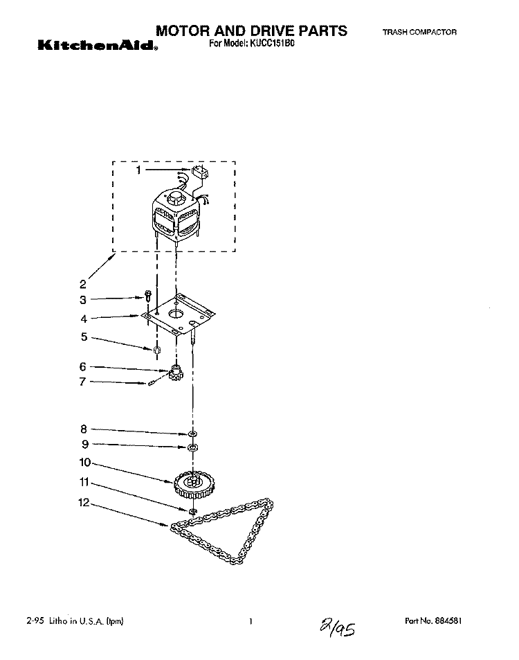 MOTOR AND DRIVE, LITERATURE Diagram and Parts List for KUCC151B0  KitchenAid Trash Compactor