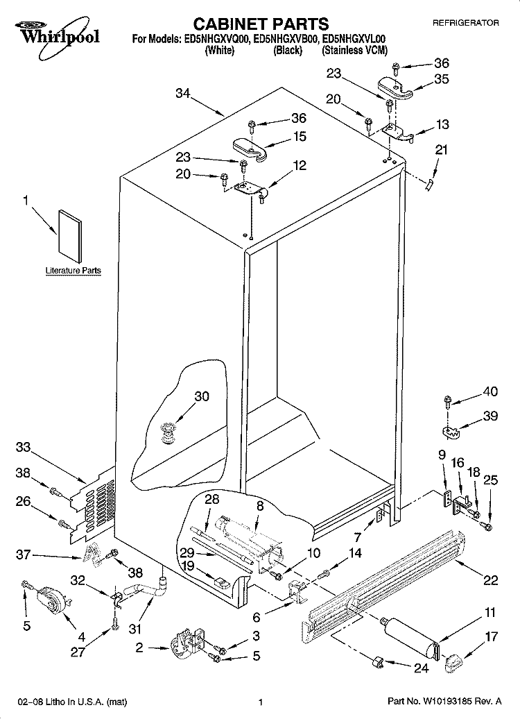 CABINET PARTS Diagram and Parts List for ED5NHGXVQ00  Whirlpool Refrigerator